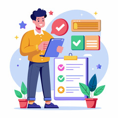 A flat illustration of a man checking customer survey