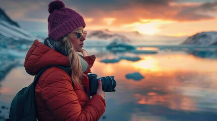 Fototapeta premium A woman photographer clad in a warm jacket and beanie captures the mesmerizing Arctic sunset landscape, emphasizing the beauty and serenity of the natural surroundings.