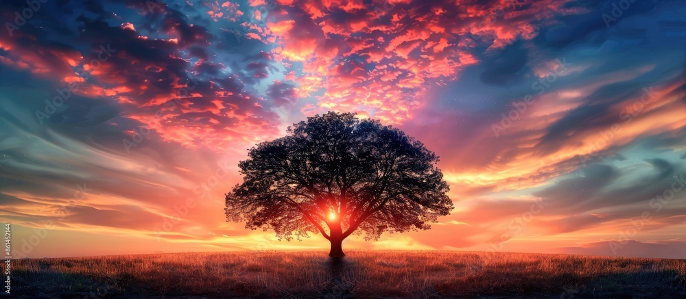 Poster Capture the serene beauty of a colorful sunset with a tree silhouette against the moving clouds in a peaceful woodland setting at dusk, ideal for adding text with a copy space image.