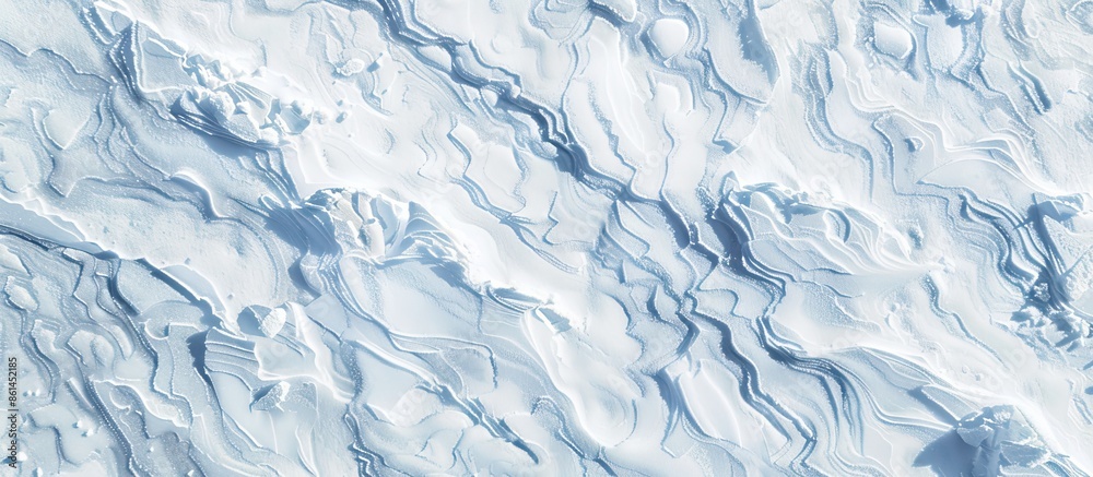 Poster Snow-covered ground with intricate patterns sculpted by the wind. A top-down view showcasing a natural snow texture, providing copy space image.