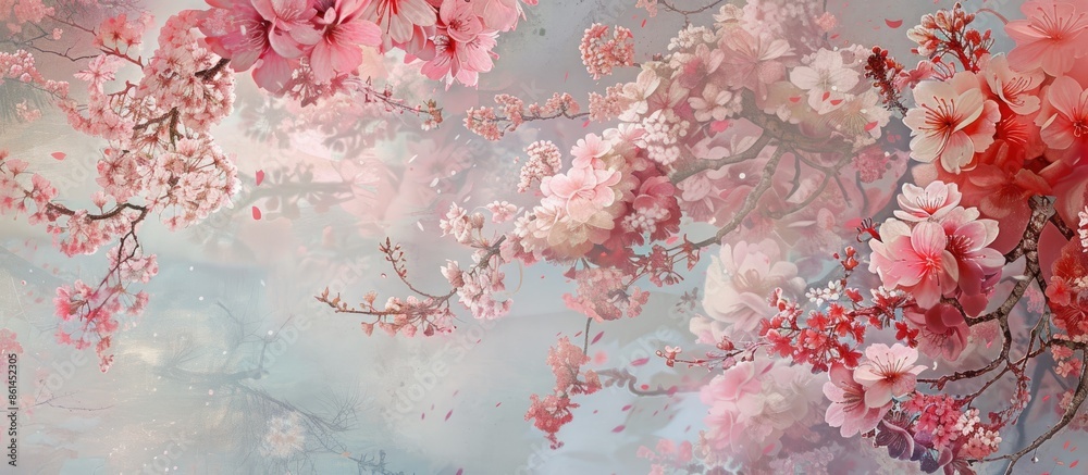 Poster hiroshima mint features a beautiful display of double cherry blossoms against a copy space image.