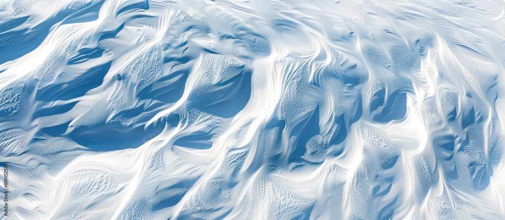 Poster Snow-covered ground with intricate patterns sculpted by the wind. A top-down view showcasing a natural snow texture, providing copy space image.