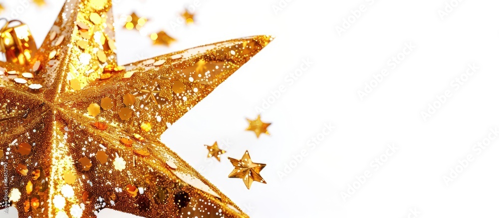 Poster Close-up top-view rendering of a shining Christmas star in gold against a white backdrop with ample copy space image.
