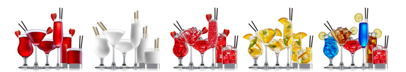 Set of cocktails with decoration from fruits isolated on white background