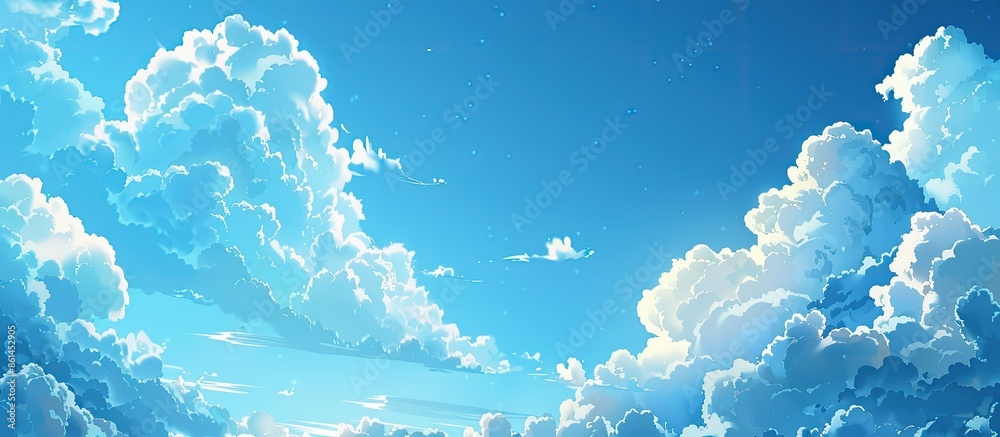 Poster background showcasing a serene scene with fluffy clouds against a blue sky, ideal for copy space ima