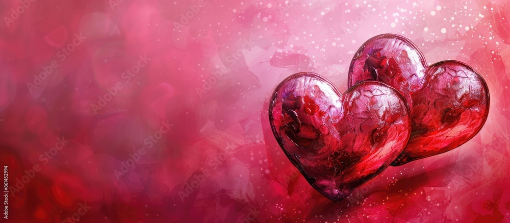 Poster valentine's themed greeting card idea featuring two artistic hearts on a vibrant pink or red backdro