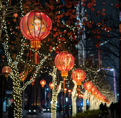 New Year's street decorations in Russian, streets lit with New Year's decorations at night, Christmas at night
