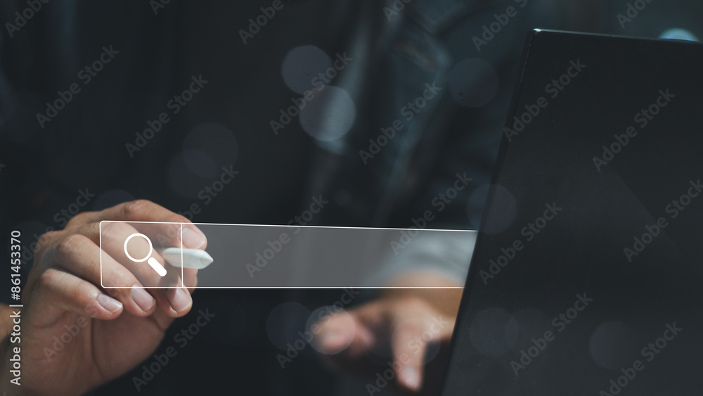 Wall mural seo, data search technology search engine optimization. man's hands are using a computer keyboard to