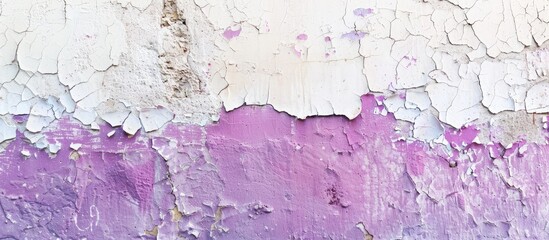 Fototapeta premium Check out a rough, cracked wall with paint applied in a sponge wipe method, showcasing a blend of purple, white, and pink hues with copy space image.
