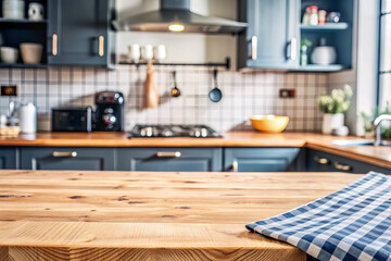 In the kitchen, there is a wooden table with a checkered towel on top of it