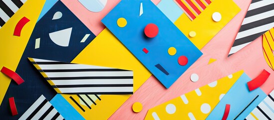 Obraz premium Top view flat lay of an artsy, colorful paper texture background with Memphis-style geometric elements like stripes and shapes in yellow, red, blue, and white hues, perfect for a copy space image.