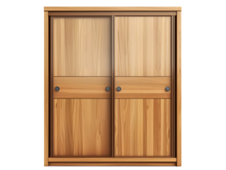 A close-up of a wooden sliding closet door with two panels. The door is closed, with simple metal handles. The wood grain is visible.