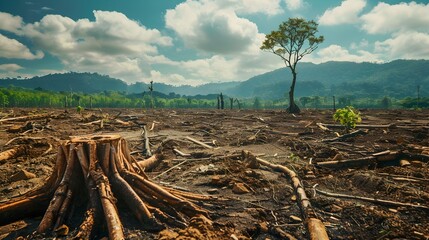 Deforested landscape undergoing reforestation and environmental recovery efforts