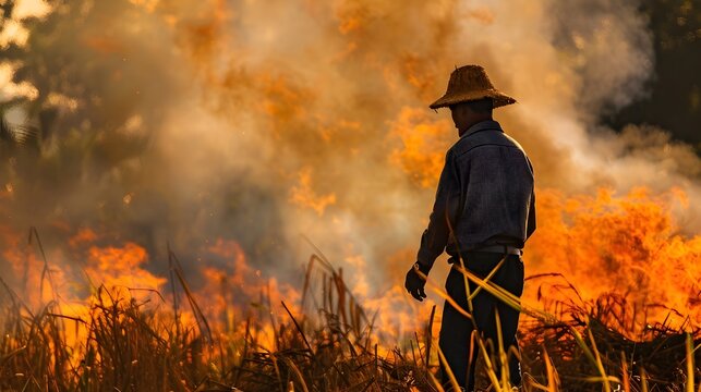 Farmer Burning Forest Land for Agricultural Clearing in Countryside Landscape