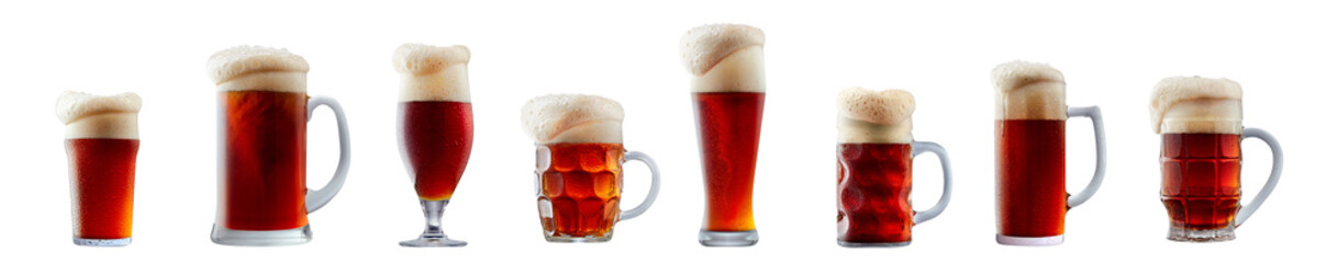 Set of beer cocktails with foam isolated on white background