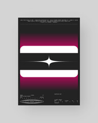 Abstract poster design. Vertical format wall art, interior mockup. Magenta, white, black composition. Geometric neon illustration with space and y2k style elements.