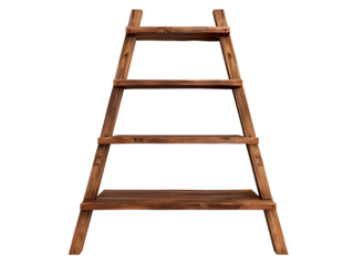 A rustic wooden ladder shelf with three shelves, isolated on a black background.