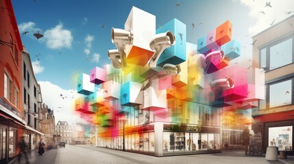 Vibrant urban collage  loudspeaker in cityscape, street view, colorful abstracts