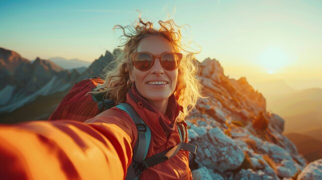 Woman standing on the summit of a mountain and taking a selfie. Outdoor adventure, hiking, endurance