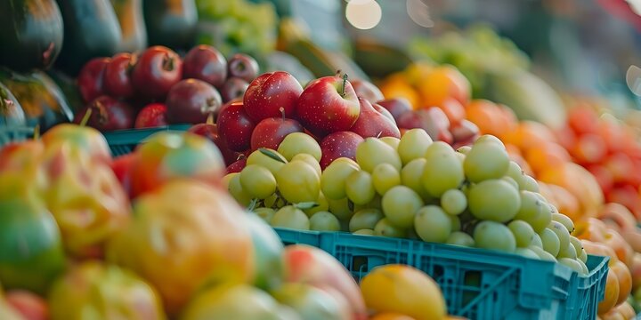 Closeup image of vibrant fruits and vegetables promoting fresh market produce. Concept Food Photography, Fresh Produce, Vibrant Fruits, Colorful Vegetables, Market Promotion