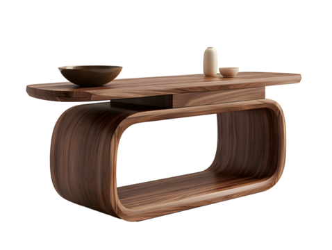 Modern, minimalist coffee table with a unique, curved design. Crafted from rich walnut wood, it features a smooth, organic shape with a hidden drawer.