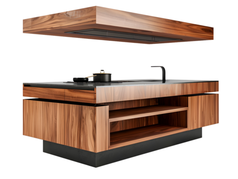 Modern kitchen island with wood cabinets, black countertop, and a sleek range hood.