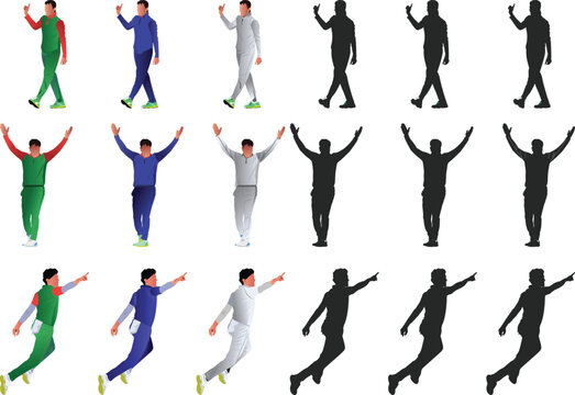 a cricket player in different poses and silhouette