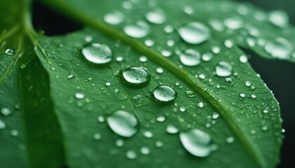 Beautiful large drop morning dew in nature, selective focus. Drops of clean transparent water on leaves. Sun glare in drop. Image in green tones. Spring summer natural background.