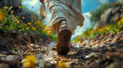Sandaled Feet of Jesus on a Dusty Path Up Close
