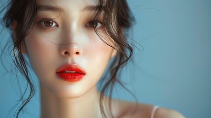 Fototapeta premium Beautiful Korean woman model in swimsuit photoshoot, elegant, high quality face, red lips