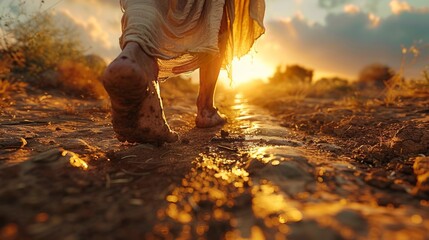 Jesus Sandaled Feet on a Dirt Path Close-Up