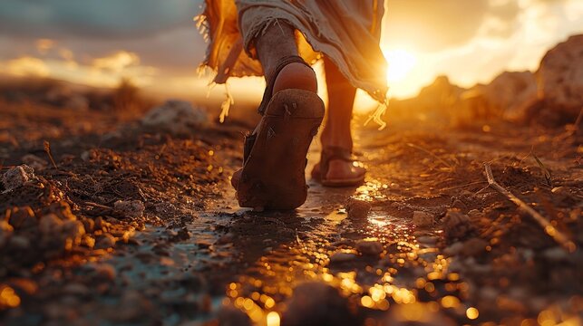 Jesus Walking on a Dusty Path Detailed Feet View