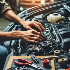 Professional mechanic working on the engine of the car in the garage. Car repair service. The concept of checking the readiness of the car before leaving.