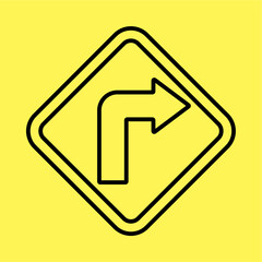 right turn icon simple, line vector isolated on yellow background. trendy and modern design