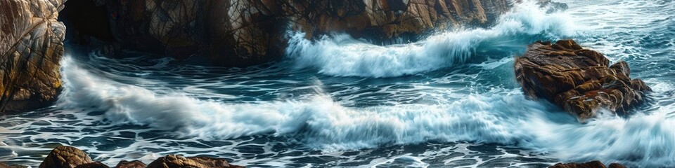 Dramatic ocean waves crashing against picturesque rocks on a bright sunny day. Generative AI