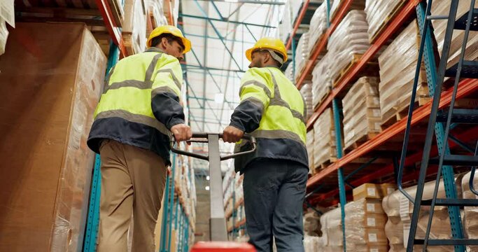 Back, inventory and storage with people in warehouse together for collaboration, ecommerce or planning. Logistics, shipping or supply chain with courier men packing shelves for backlog order