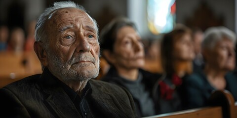Fototapeta premium Elderly man mourns at funeral with family in church grieving loss. Concept Grief, Family, Funeral, Mourning, Church