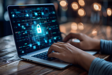 Person using a laptop with a digital padlock on the screen, representing cybersecurity and data protection