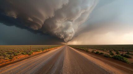Fototapeta premium Massive supercell storm cloud is gathering and rolling over an empty desert road