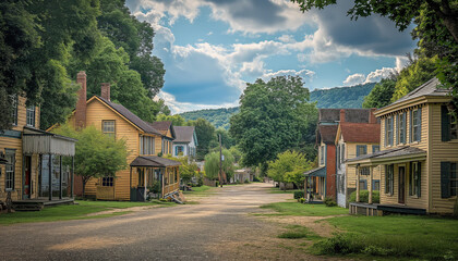 Naklejka premium A quaint and charming small town street with colorful houses and lush greenery, perfect for capturing the serene and picturesque beauty of rural life