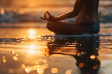 A high-resolution close-up of a person meditating on a beach at sunset, with soft waves in the background and warm, golden light creating a peaceful atmosphere