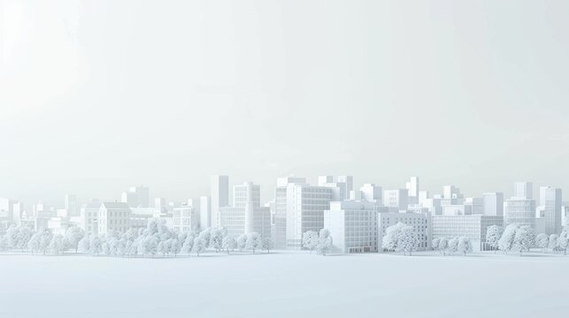 A 3D rendering of a city made of white buildings and trees.