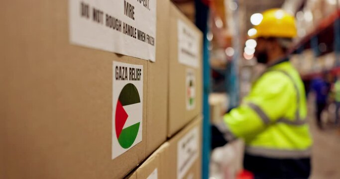 Palestine, box and donation relief or package for shipping, ngo and famine crisis or humanitarian response with food parcel. Storage, logistics person and scanning for distribution, export with label