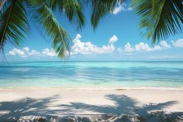 A serene view of a tropical beach with white sand, clear blue water, and swaying palm trees. Generative AI