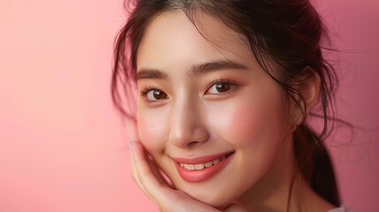 Obraz premium korean oman smiling while touching her flawless glowy skin with copy space for your advertisement, skincare