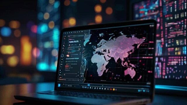 A laptop with a world map on the screen.