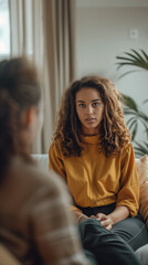 Fototapeta premium Young Woman in Yellow Sweater Listening to Conversation