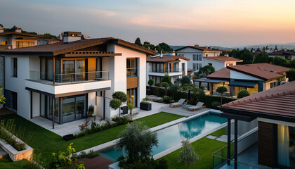 Fototapeta premium A luxurious modern house with a pool and garden, epitomizing upscale living and elegant design, ideal for showcasing high-end real estate