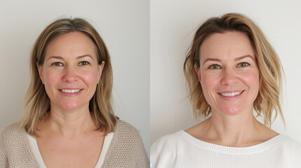 Woman showing before and after cosmetic procedure smiling
