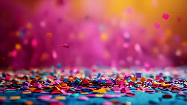 flying colorful sprinkles over pink background. Pink holiday background with colorful confetti